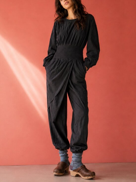 Free People Pants - Free People Sonika Jumpsuit Black Balloon Sleeve Smocked Waist Size L